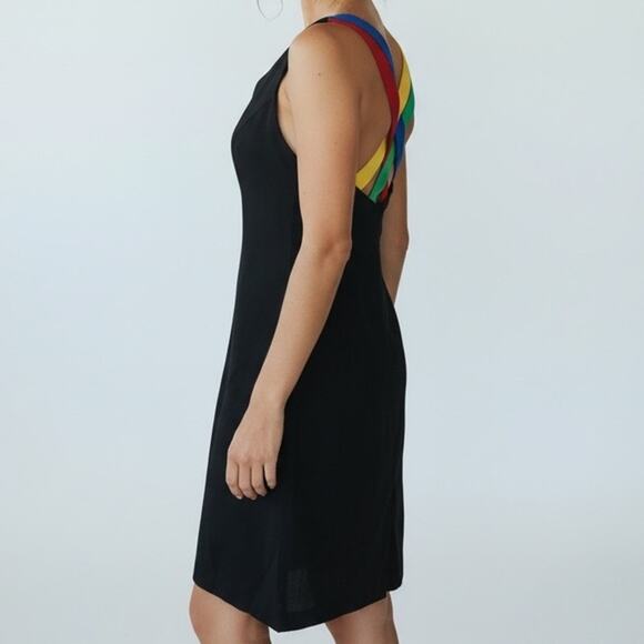 ACT I Dresses & Skirts - Vintage 90s ACT I Black Linen Dress Rainbow Strappy Back Size S M